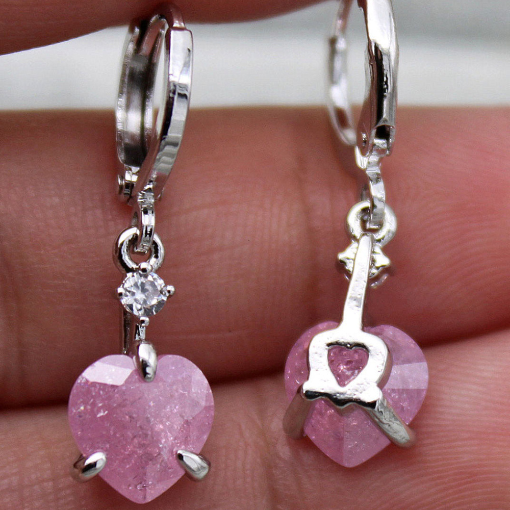 18K White Gold Filled Pink Cherry Heart Diamond Zircon Dangle Earrings 1.71ctw - Picture 2 of 3